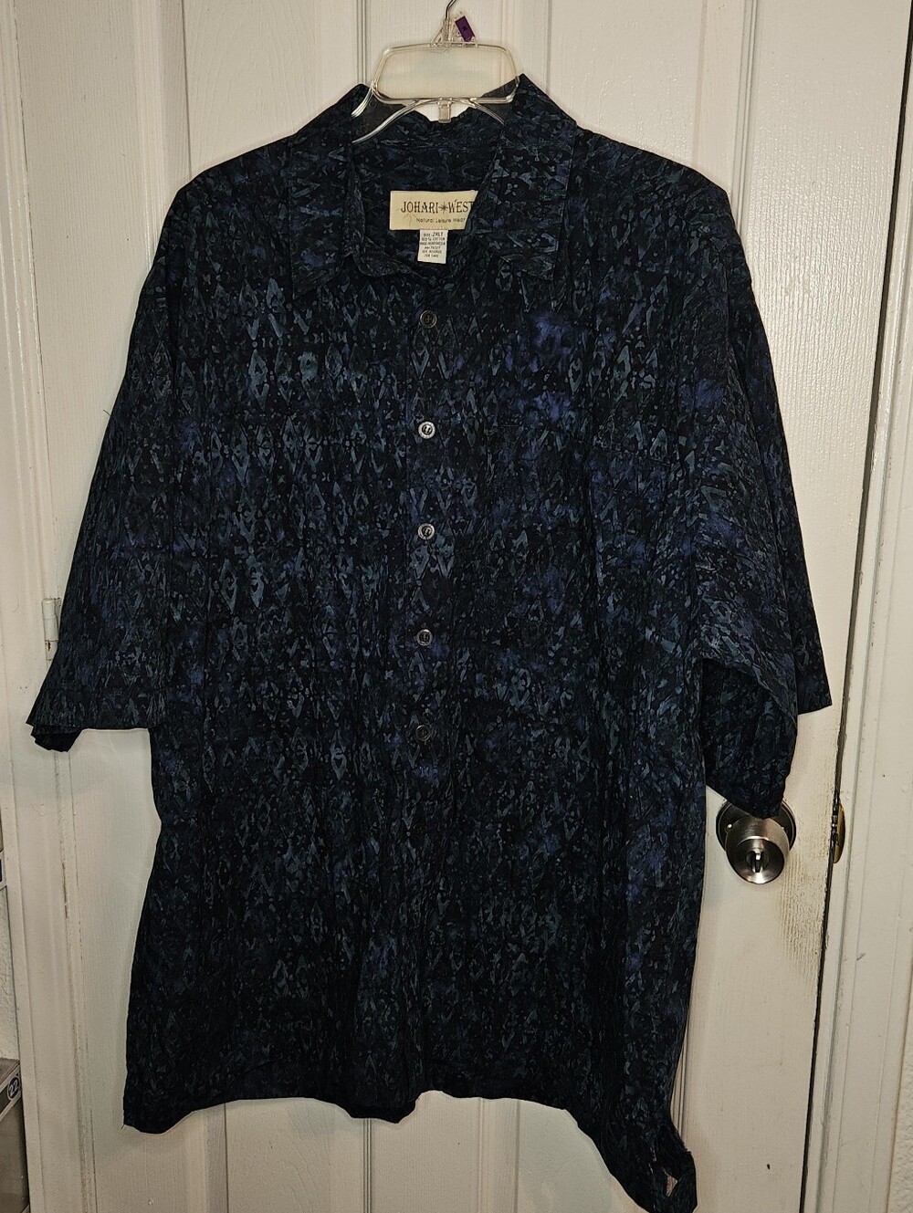 Johari West Button Up Shirt Mens 2XL Multi Blue Tropical Batik Cotton Aloha
